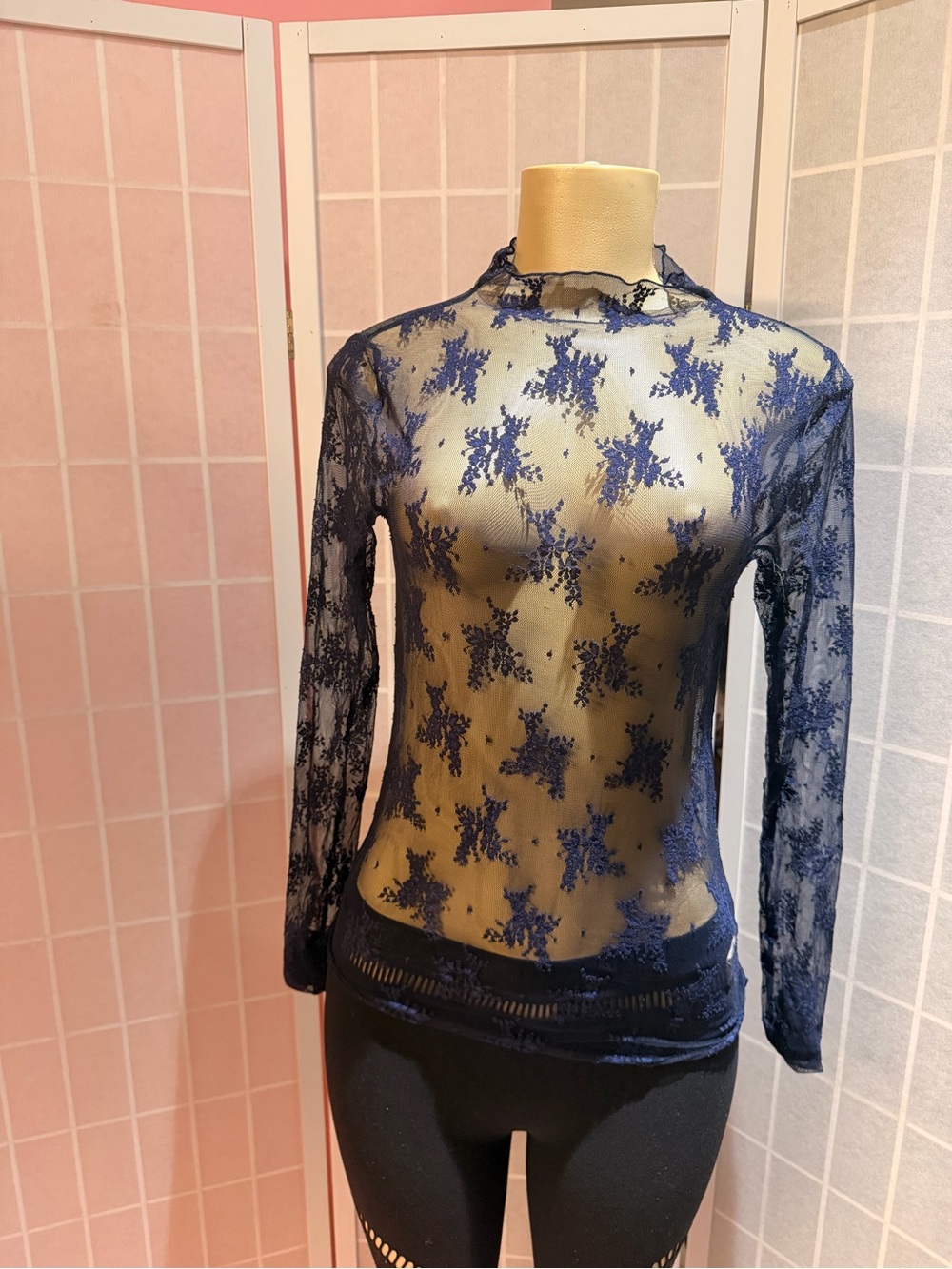 Free People Sheer Lace Long-Sleeve Top - Navy